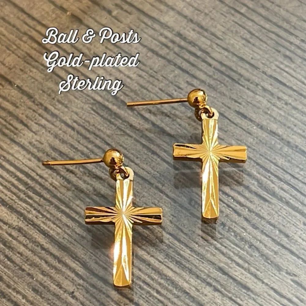 Vintage Gold Plated Sterling Ball Post with Dangling Cross